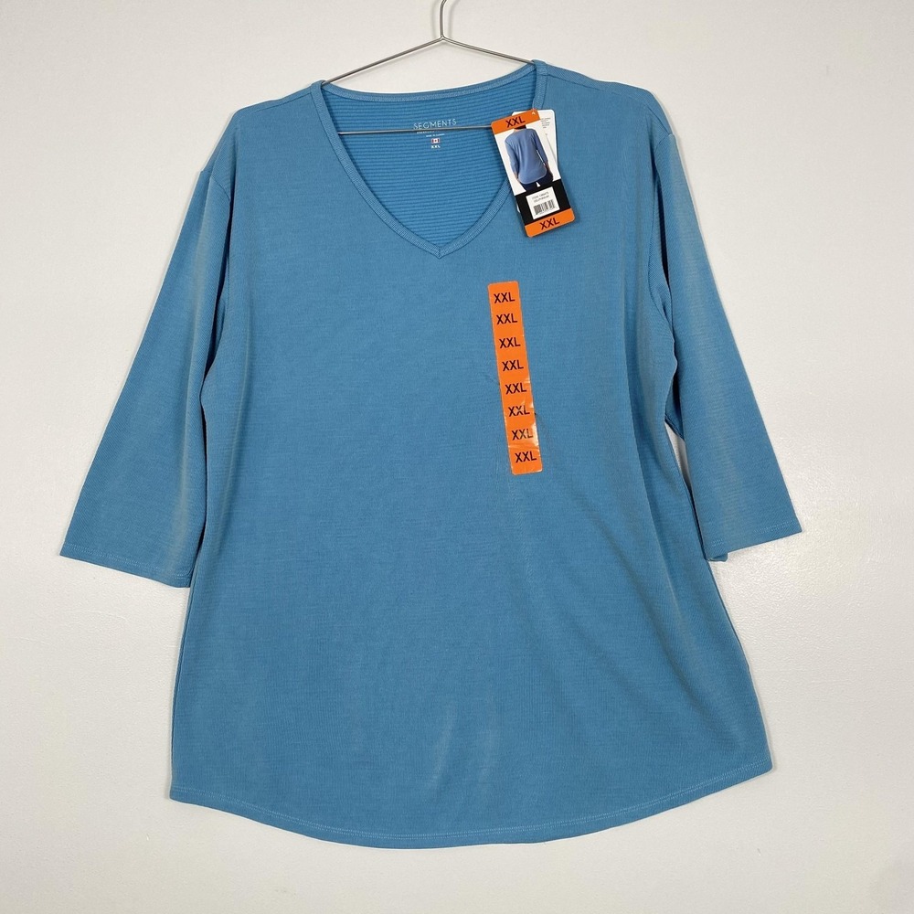 NWT SEG'MENTS Shirt Womens XXL Blue 3/4 Sleeve V Neck Tencel Knit Tunic Top‎